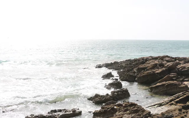 Les falaises atlantiques de la côte marocaine — entre Imsouane et Taghazout, un chapelet de pointes rocheuses capte la houle d'hiver